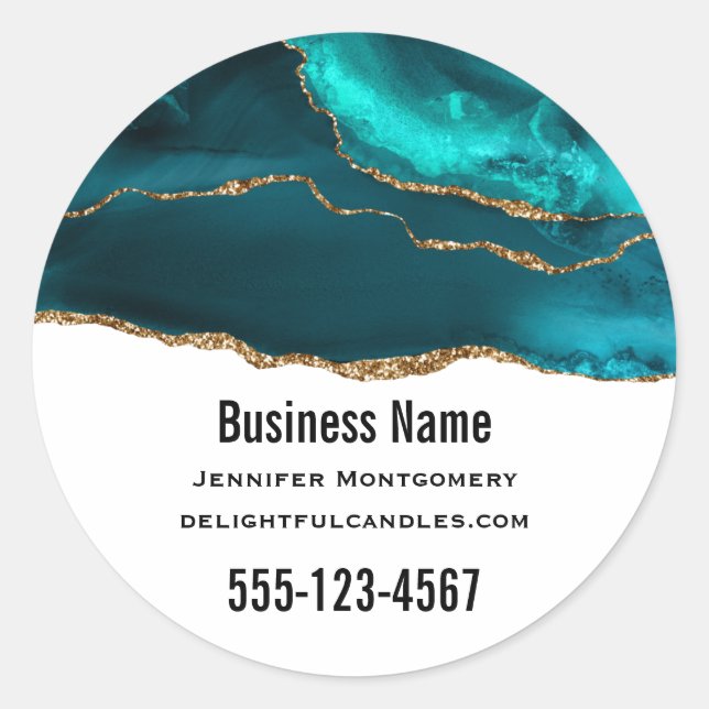 Modern Stylish Teal Agate & Gold Ribbon Business Classic Round Sticker (Front)