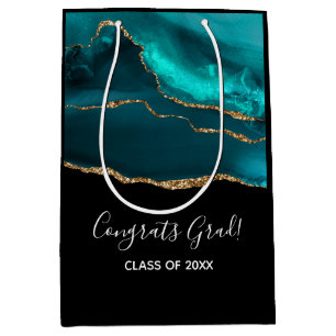 Modern Stylish Teal Agate & Gold Ribbon Graduation Medium Gift Bag