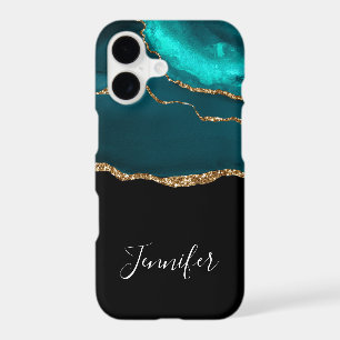 Modern Stylish Teal Agate & Gold Ribbon on Black