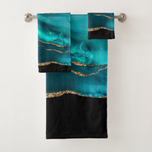 Modern Stylish Teal Agate & Gold Ribbon on Black Bath Towel Set