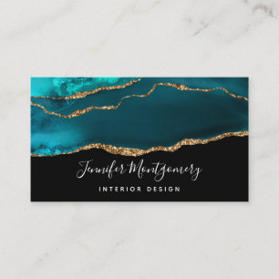 Modern Stylish Teal Agate & Gold Ribbon on Black Business Card