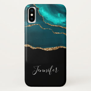 Modern Stylish Teal Agate & Gold Ribbon on Black iPhone X Case