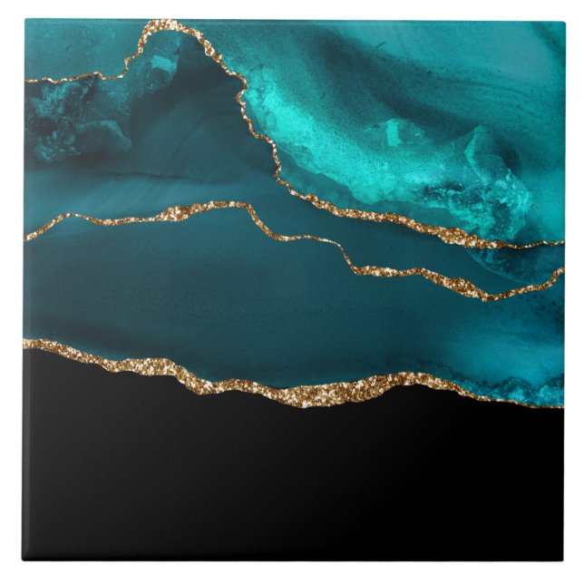 Modern Stylish Teal Agate & Gold Ribbon on Black Ceramic Tile (Front)