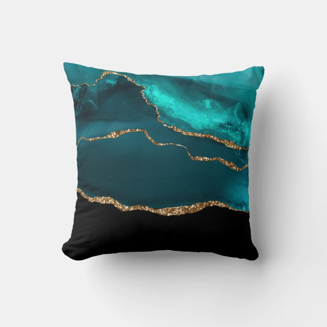 Modern Stylish Teal Agate & Gold Ribbon on Black Cushion (Front)
