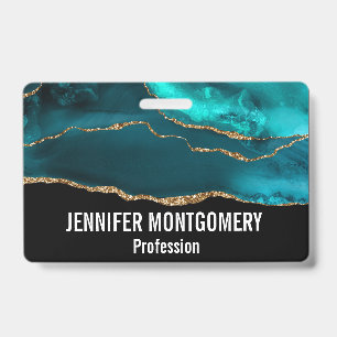 Modern Stylish Teal Agate & Gold Ribbon on Black ID Badge