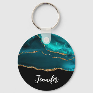 Modern Stylish Teal Agate & Gold Ribbon on Black Key Ring
