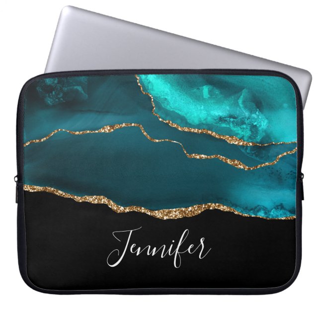 Modern Stylish Teal Agate & Gold Ribbon on Black Laptop Sleeve (Front)