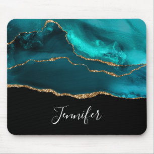 Modern Stylish Teal Agate & Gold Ribbon on Black Mouse Pad