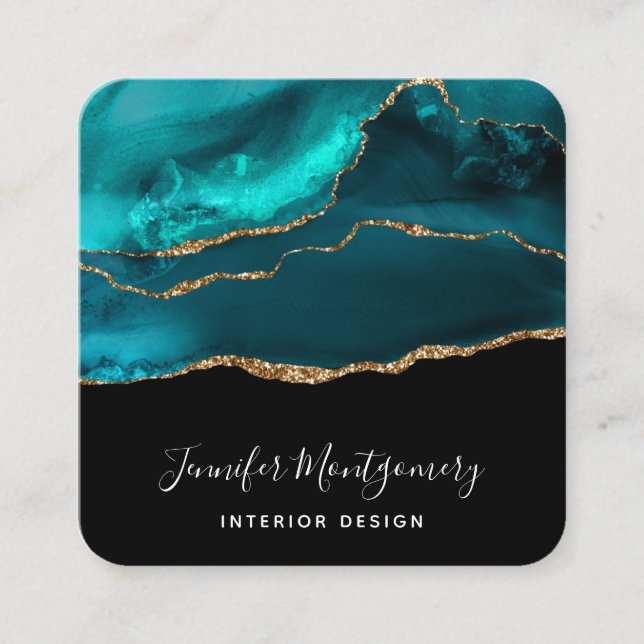 Modern Stylish Teal Agate & Gold Ribbon on Black Square Business Card (Front)