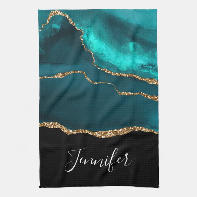 Modern Stylish Teal Agate & Gold Ribbon on Black Tea Towel (Vertical)