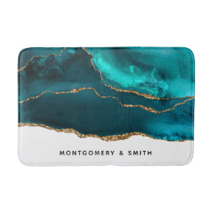 Modern Stylish Teal Agate & Gold Ribbon on White Bath Mat