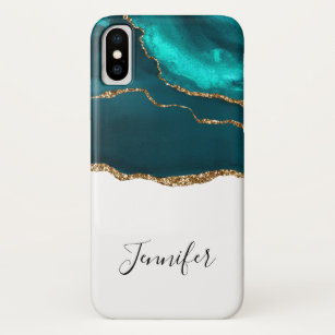 Modern Stylish Teal Agate & Gold Ribbon on White Case-Mate iPhone Case