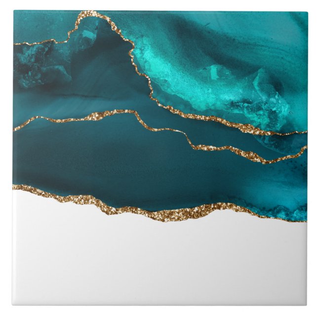 Modern Stylish Teal Agate & Gold Ribbon on White Ceramic Tile (Front)