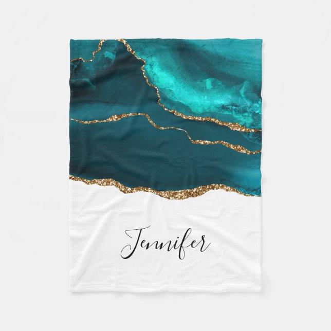 Modern Stylish Teal Agate & Gold Ribbon on White Fleece Blanket (Front)
