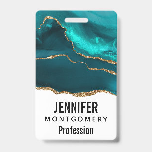 Modern Stylish Teal Agate & Gold Ribbon on White ID Badge