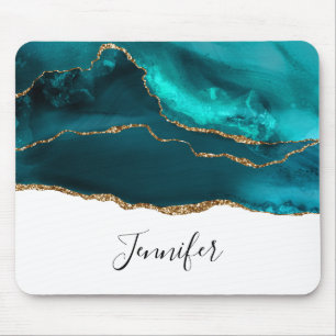 Modern Stylish Teal Agate & Gold Ribbon on White Mouse Pad