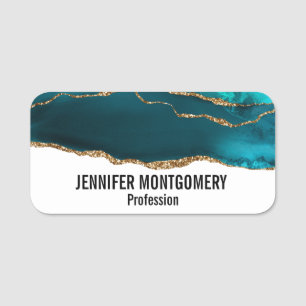 Modern Stylish Teal Agate & Gold Ribbon on White Name Tag