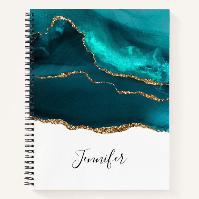 Modern Stylish Teal Agate & Gold Ribbon on White Notebook (Front)