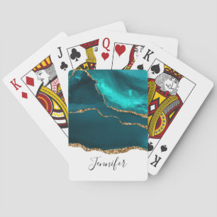 Modern Stylish Teal Agate & Gold Ribbon on White Playing Cards