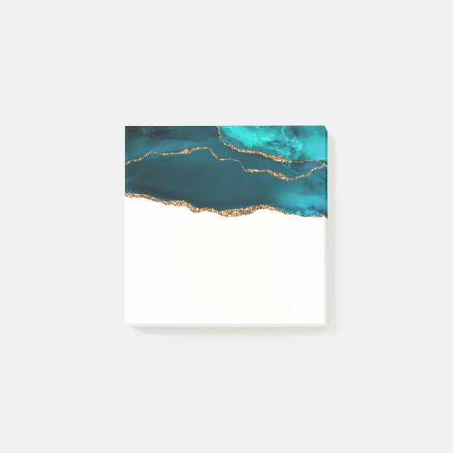 Modern Stylish Teal Agate & Gold Ribbon on White Post-it Notes (Front)