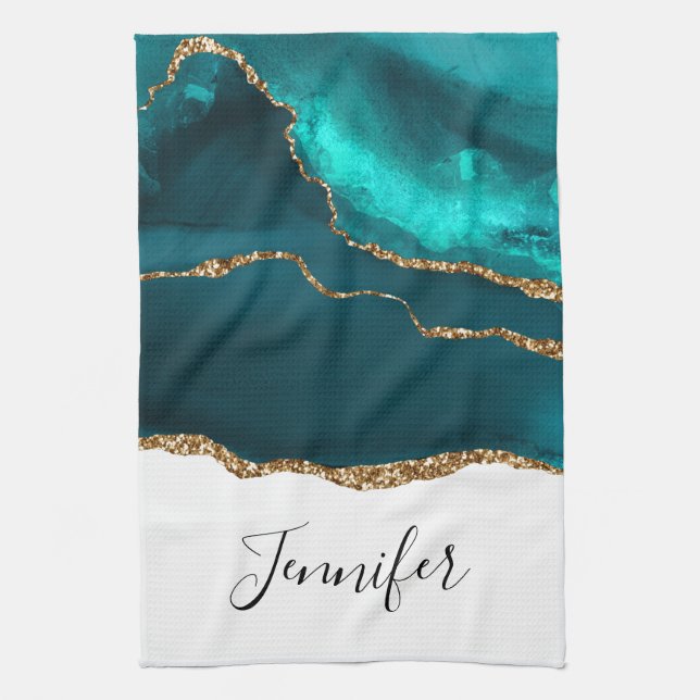 Modern Stylish Teal Agate & Gold Ribbon on White Tea Towel (Vertical)