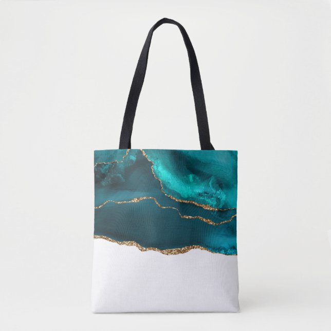 Modern Stylish Teal Agate & Gold Ribbon on White Tote Bag (Front)