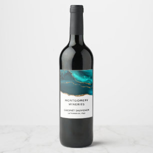 Modern Stylish Teal Agate & Gold Ribbon on White Wine Label