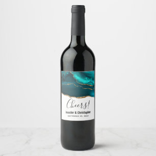 Modern Stylish Teal Agate & Gold Ribbon on White Wine Label