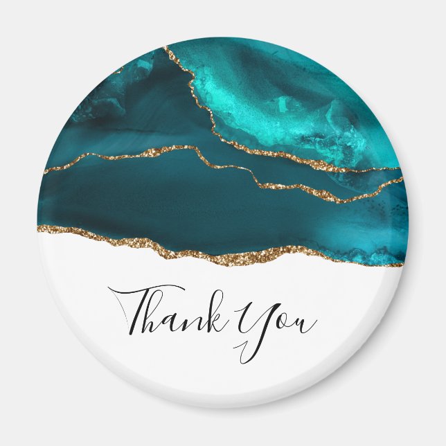Modern Stylish Teal Agate & Gold Ribbon Thank You Magnet (Front)