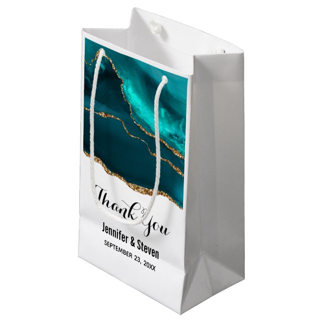 Modern Stylish Teal Agate & Gold Ribbon Thank You Small Gift Bag (Front Angled)