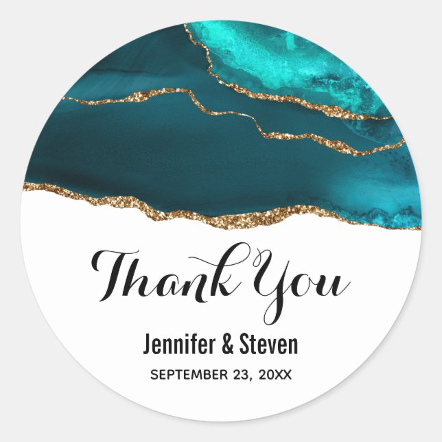 Modern Stylish Teal Agate & Gold Ribbon Wedding Classic Round Sticker (Front)