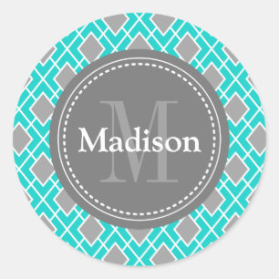 Modern Stylish Teal Blue Grey Diamond Pattern Classic Round Sticker