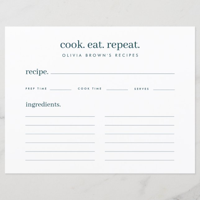 Modern Stylish Teal Cook Eat Repeat Recipe Card (Front)