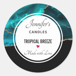 Modern Stylish Teal & Gold Agate Candle Classic Round Sticker