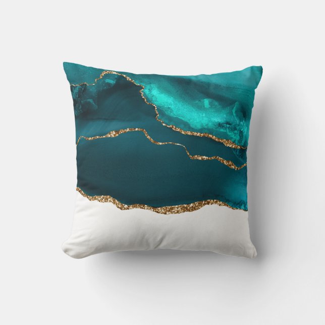 Modern Stylish Teal & Gold Agate on White Cushion (Front)