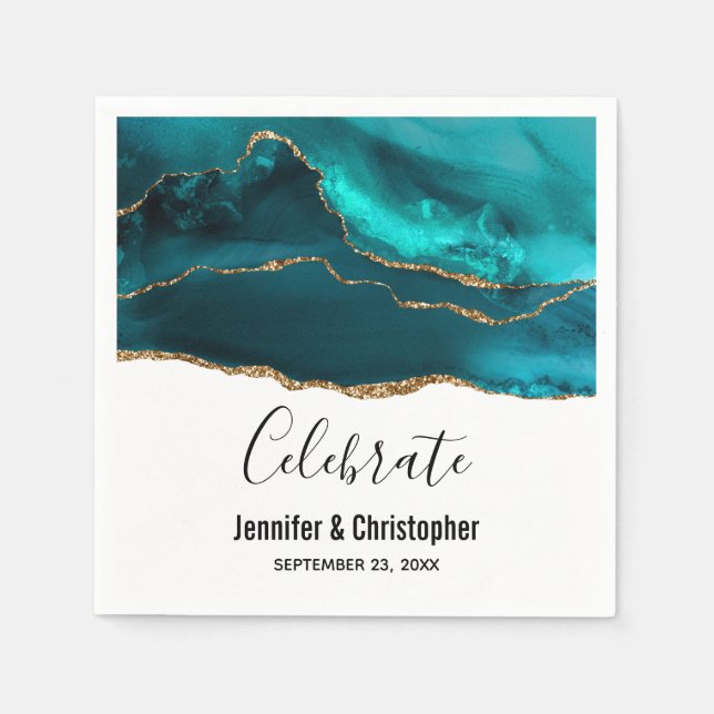 Modern Stylish Teal & Gold Agate on White Napkin (Front)