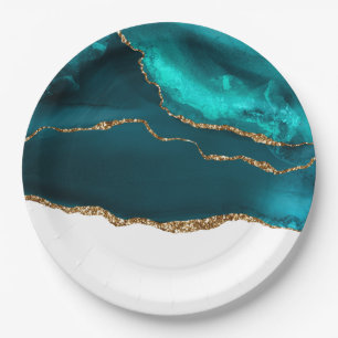 Modern Stylish Teal & Gold Agate on White Paper Plate