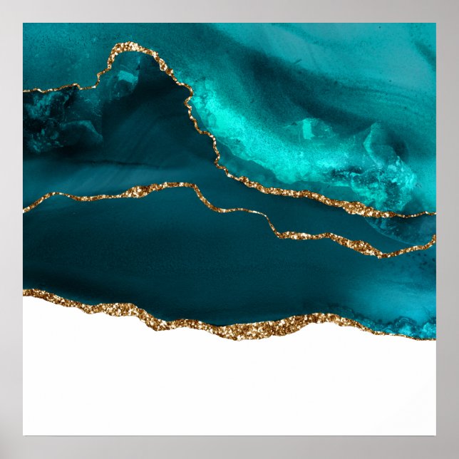 Modern Stylish Teal & Gold Agate on White Poster (Front)