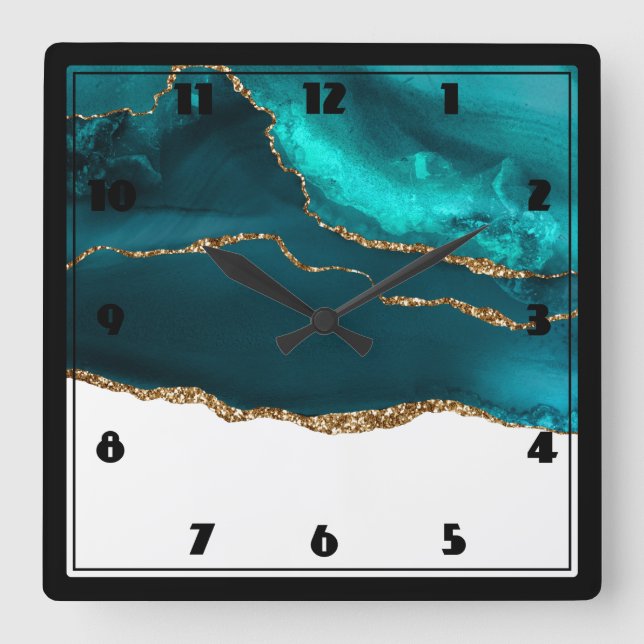 Modern Stylish Teal & Gold Agate on White Square Wall Clock (Front)