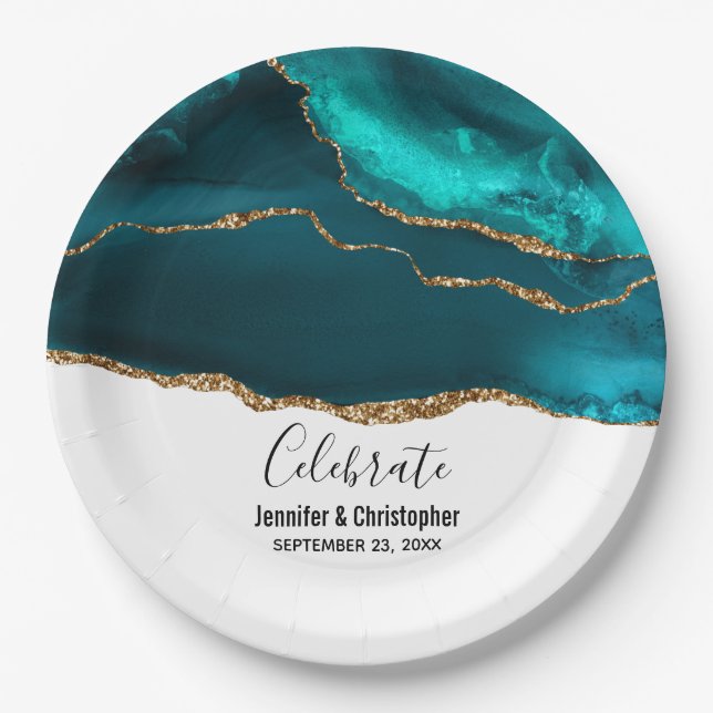Modern Stylish Teal & Gold Agate on White Wedding Paper Plate (Front)
