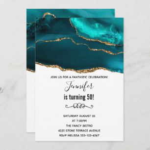 Modern Stylish Teal Gold & White Agate Birthday Invitation