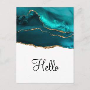 Modern Stylish Teal Gold & White Agate Hello Postcard