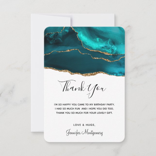 Modern Stylish Teal Gold & White Agate Thank You Card (Front)