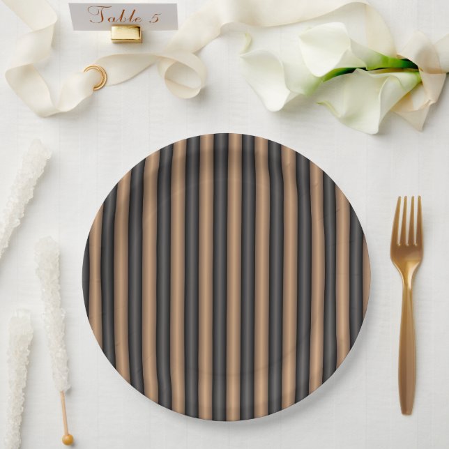 Modern Stylish Toasted Brown Stripes with Depth Paper Plate (Wedding)