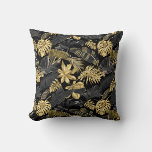 Modern Stylish Trendy Black Gold Tropical Pattern Cushion