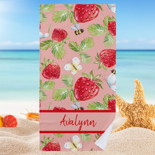 Modern Stylish Trendy Girly Strawberry & Bee Beach Towel