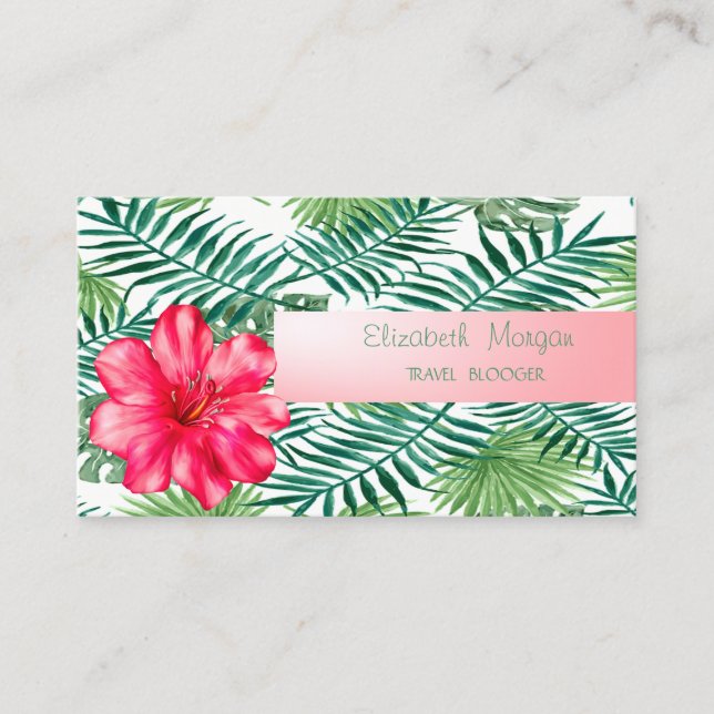 Modern Stylish,Tropical Palm Leaves,Hibiskus Business Card (Front)