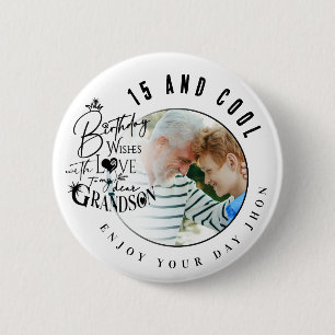 Modern Stylish Typography Grandson Birthday Photo  6 Cm Round Badge