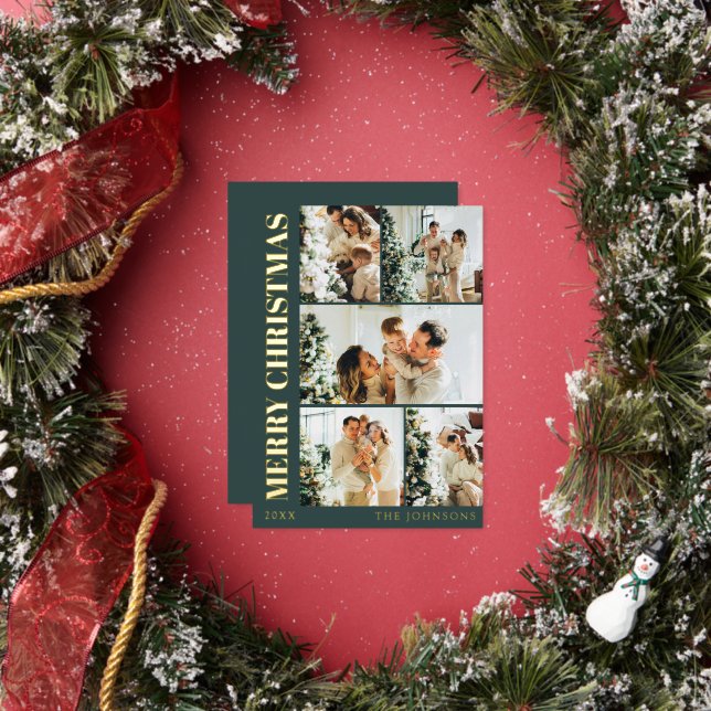 Modern Stylish Typography Minimal Green Christmas Foil Holiday Card (Insitu)