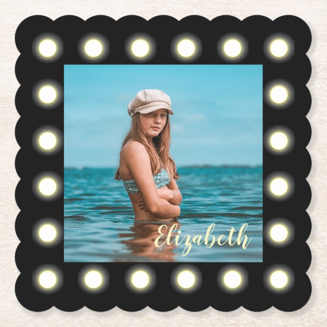 Modern Stylish Unique Black Square Photo Frame Paper Coaster (Front)